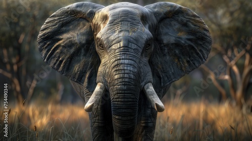 Photo of a elephant in front view with amazing long tusks