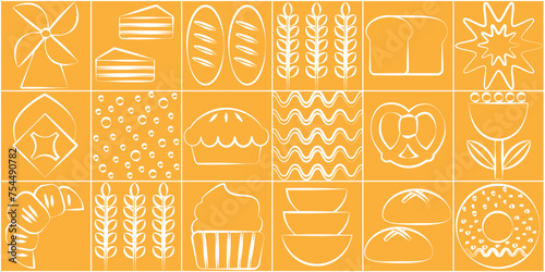 Baking and dessert in trendy geometric style - seamless pattern with icons related to bakery, cafe, cupcakes and logo design templates