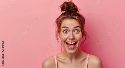  Portrait of an excited young woman with an open mouth and big eyes on a pink background, in the style of copy space concept. Generative ai