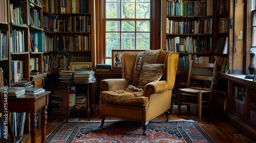 a chair in a room with a lot of books on the shelves © progressman