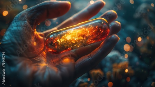 Golden capsule with gold drugs balls on the man's hand. Close up