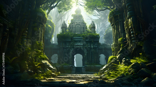 An ancient temple is hidden in a thick forest, full of moss and surrounded by green plants, sunlight rays through the leaves, and digital art) Generative AI