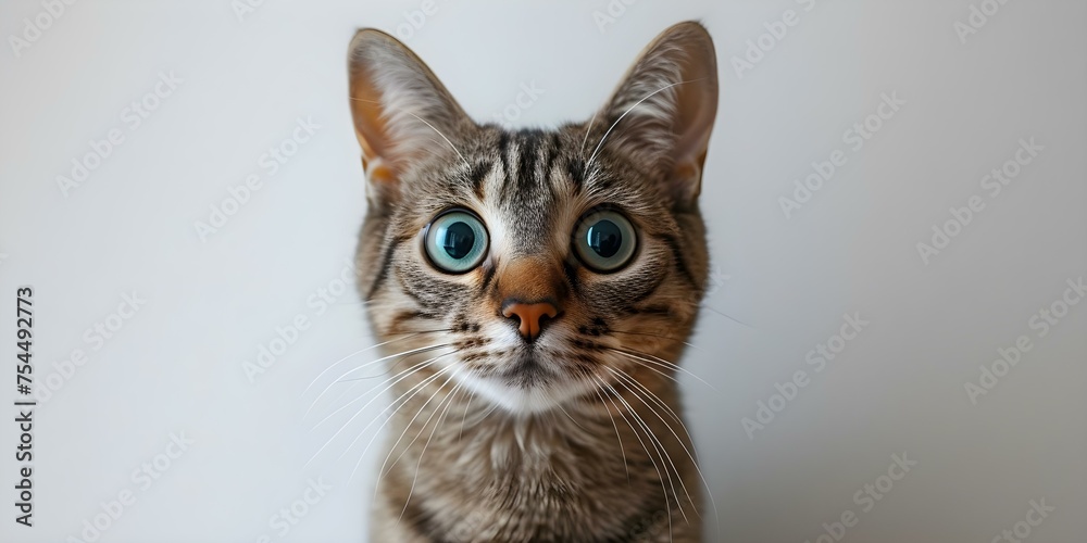 Startled cat with wide eyes standing alone against a plain white backdrop. Concept Animal Photography, Expressive Portraits, White Background, Wide-Eyed Cat, Startled Expression