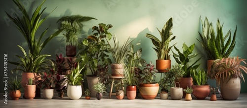 A variety of potted plants, including ferns, succulents, and snake plants, are placed throughout a room. The lush green foliage adds a touch of nature to the indoor space.