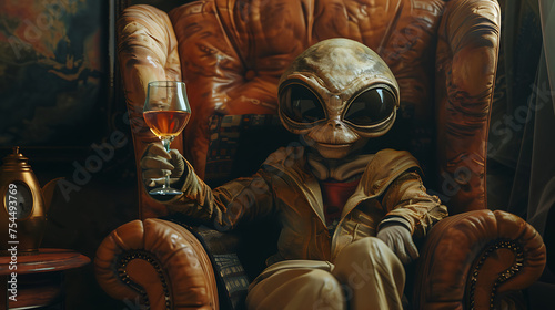 alien drinking wine