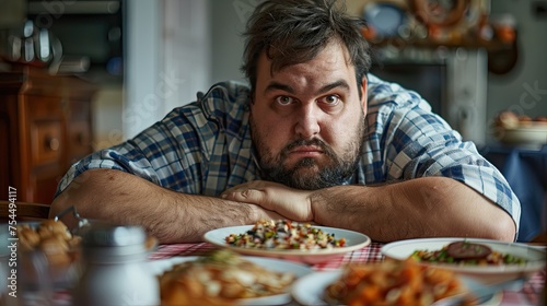 Worried and overweight adult man sitting with unhealthy food on the table.