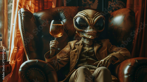 alien with a glas of wine
