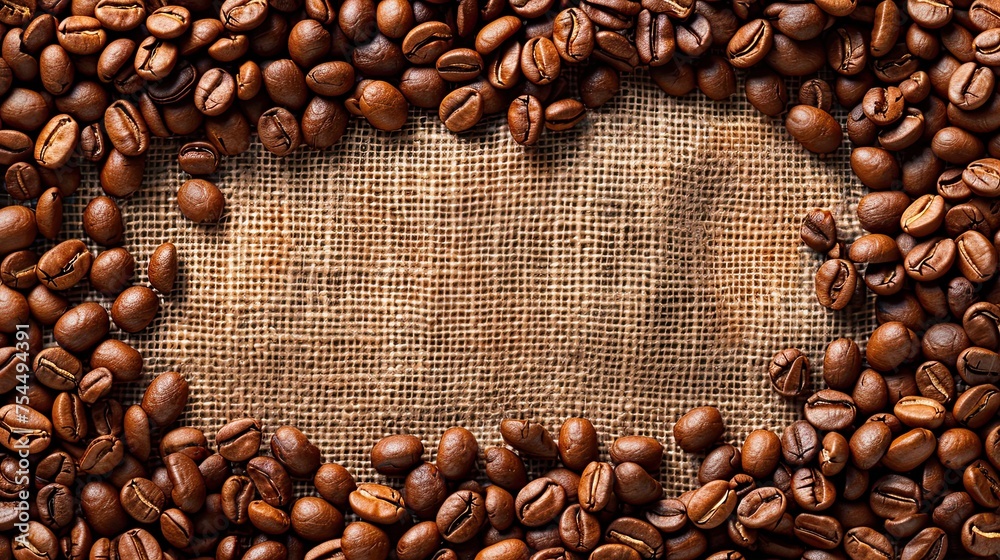 Illustration, roasted coffee beans, framed in a burlap fabric. Illustration, roasted coffee beans, framed in a burlap fabric.