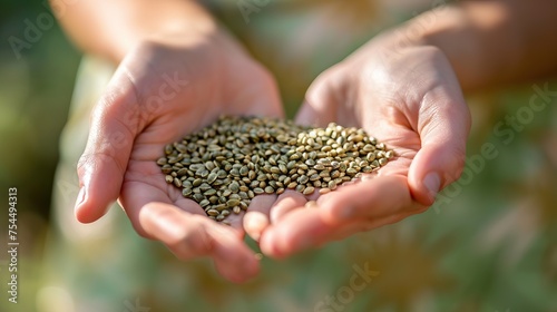 Horizontal position of Female hand holding new grass seed with bare earth soil and old grass beneath as background. AI generated illustration