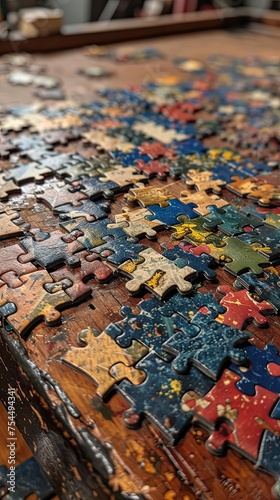 Closeup, pieces of a partially assembled puzzle on a table. photo