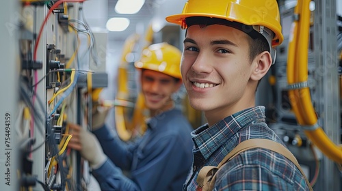 Portrait of a smiling boy doing electrician training.