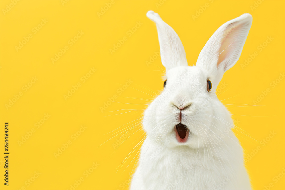 Surprised bunny against a vivid yellow background, perfect for Easter promotions, pet care advertising, or vibrant spring-themed graphics. Copy space for text. Easter sale, discount. Surprised bunny against a vivid yellow background, perfect for Easter promotions, pet care advertising, or vibrant spring-themed graphics. Copy space for text. Easter sale, discount.