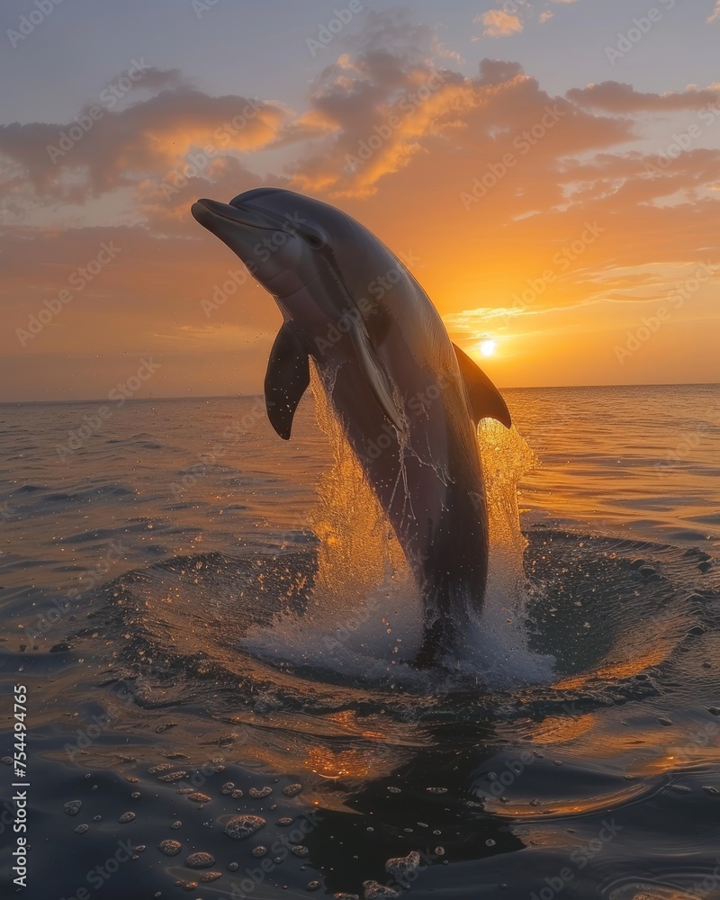 Obraz premium Dolphin joyfully leaping from ocean waters against a stunning sunset backdrop, capturing the essence of marine life and the beauty of nature