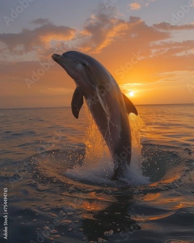Dolphin joyfully leaping from ocean waters against a stunning sunset backdrop  capturing the essence of marine life and the beauty of nature