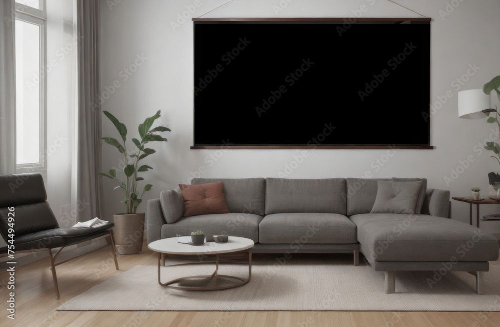 Cozy living room with couch, table, and picture frame. Suitable for interior design concepts. Cozy living room with couch, table, and picture frame. Suitable for interior design concepts.