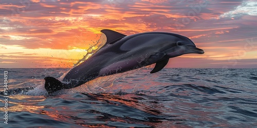 Graceful Dolphin Leaping at Sunset with Splashing Water Captured in Golden Hour Light © Ross
