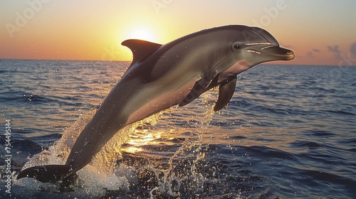 Graceful Dolphin Leap at Sunset with Splashing Water in the Ocean