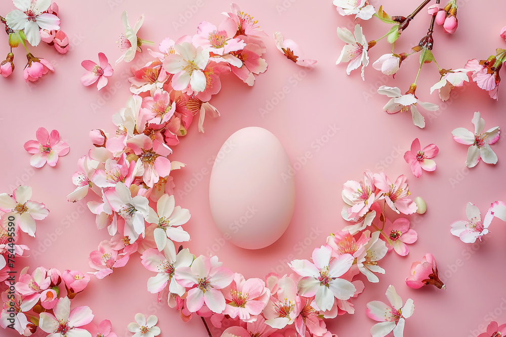 Celebrate the essence of spring with this enchanting Easter egg framed by a wreath of delicate cherry blossoms, perfect for seasonal marketing, greeting cards, or festive backgrounds.