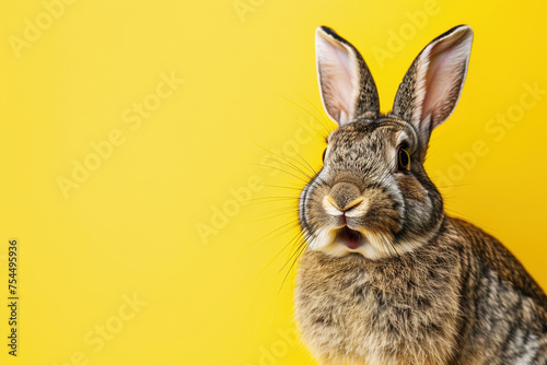 Surprised bunny against a vivid yellow background, perfect for Easter promotions, pet care advertising, or vibrant spring-themed graphics. Copy space for text. Easter sale, discount.