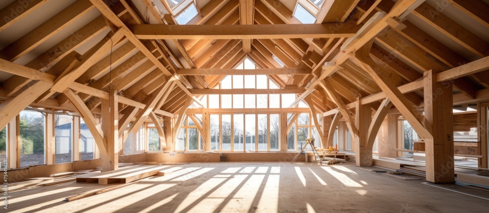 A newly constructed large wooden building with numerous windows, utilizing inside frame wooden beams for support. A newly constructed large wooden building with numerous windows, utilizing inside frame wooden beams for support.
