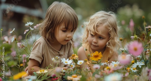 Two Little Girls Playing in a Field of Flowers