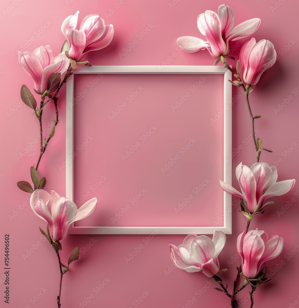 Obraz premium Pink Flowers in Picture Frame on Pink Background