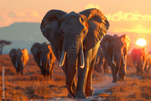 Herd of elephants at sunset © kossovskiy