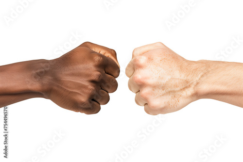 Racial Conflict: White and Black Fists Facing Off on Transparent Background