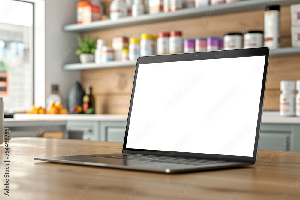 Laptop with blank screen on kitchen counter - obrazy, fototapety, plakaty 