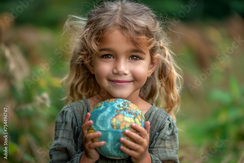Little girl holding a globe tenderly in nature