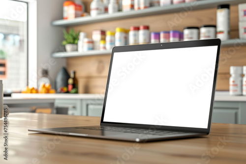 Laptop with blank screen on kitchen counter