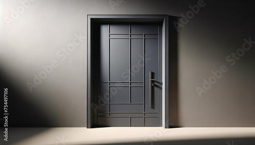 Minimalist backdoor with sleek handle in matte navy, surrounded by vibrant geometric shapes.