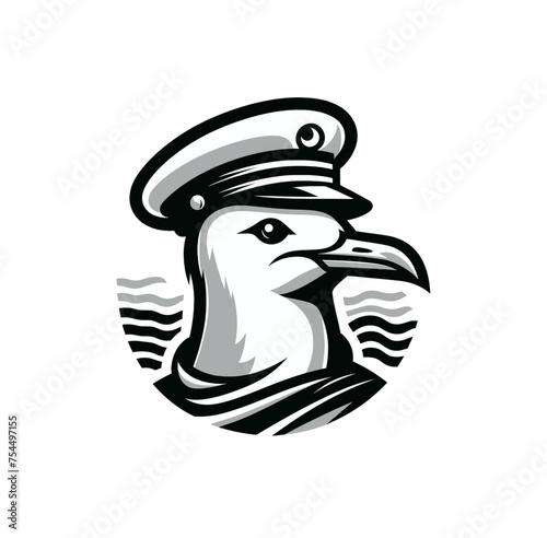 seagull in hat monochrome isolated vector illustration emblem