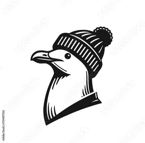 seagull in hat monochrome isolated vector illustration emblem