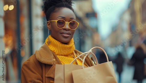 Woman in Yellow Scarf and Sunglasses Holding Shopping Bags