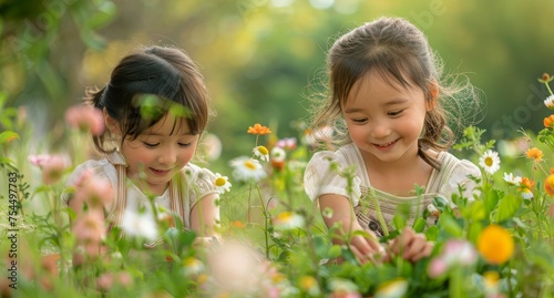 Two Little Girls Playing in a Field of Flowers