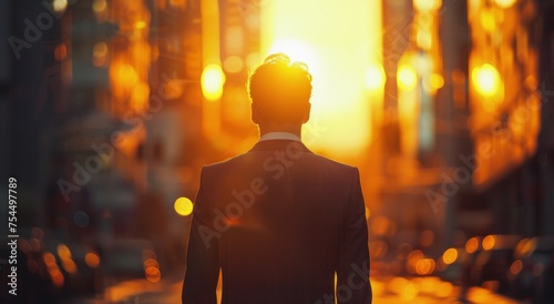 Man Walking Down a Street at Sunset