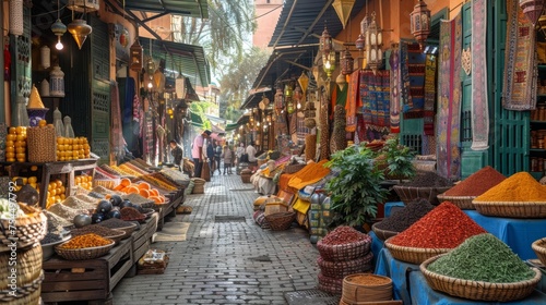 Spices fill the narrow street in a bustling marketplace