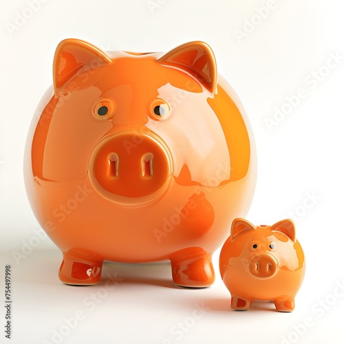  Large and Small Orange Piggy Banks on White Background photo