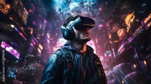 The person wearing futuristic virtual reality glasses for gaming. Generative AI