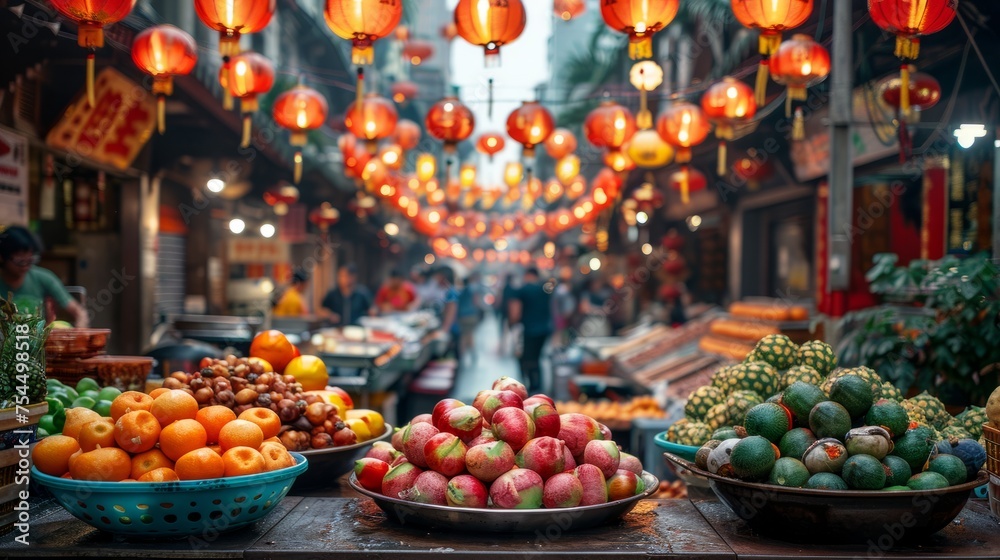 Vibrant market with fresh fruits, vegetables, and hanging lanterns in the city