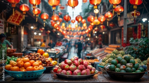 Vibrant market with fresh fruits, vegetables, and hanging lanterns in the city