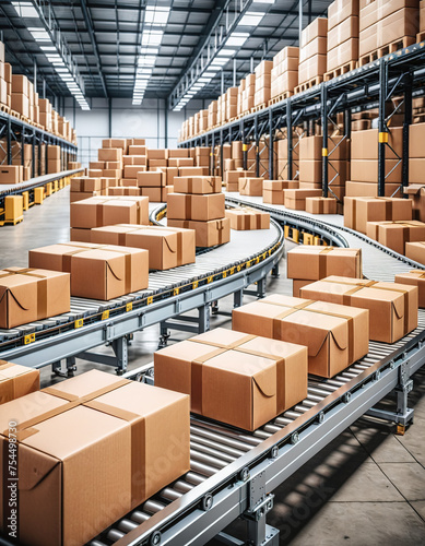 Cardboard boxes on conveyor belts and rows of boxes in a distribution warehouse