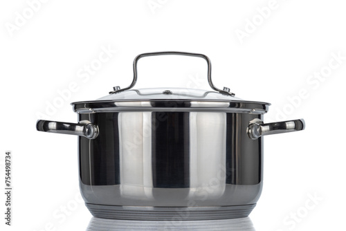 Stainless steel pan with the lid. Isolated on white background.