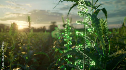 A 3D holographic projection of a DNA strand within a crop field, symbolizing the genetic enhancement of plants, with copy space photo