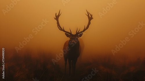 Red Deer Stag Silhouette in the Mist and Glossy Horns, Generative Ai © Aliyah