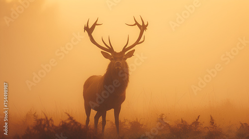 Red Deer Stag Silhouette in the Mist and Glossy Horns  Generative Ai