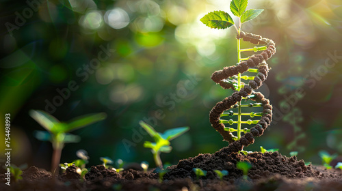 A conceptual image of a plant sprouting from a DNA helix, representing the birth of agricultural biotechnology, with copy space photo