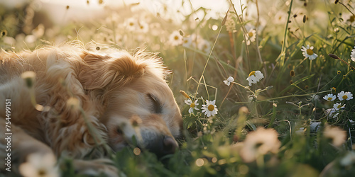 Golden Retriever Correndo por Campo de Flores Silvestres com Luz Natural Suave photo