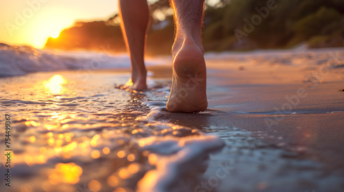 Seaside Serenity: Woman Enjoying a Sunset Walk on the Beach, Waves at Her Feet. Generative AI